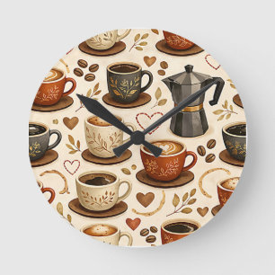 Cozy Coffee Time - Warm Aesthetic Seamless Pattern Round Clock