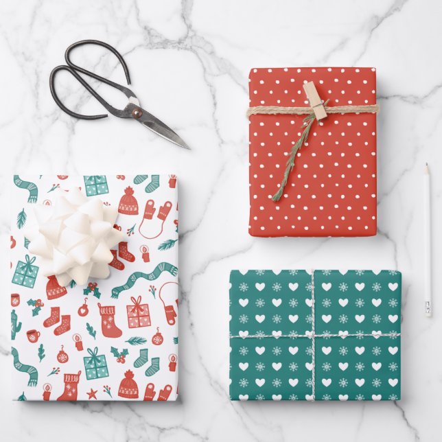 Cozy Coral Teal Mixed Christmas Patterns Wrapping Paper Sheet (Front)