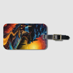 Cozy Cottage at Christmas Under a Glowing Moonlit Luggage Tag