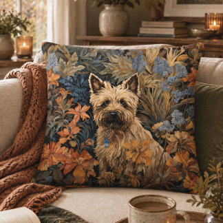 Cozy Cottage Cairn Terrier Vintage Botanical Throw Pillow