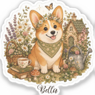Cozy Cottage Corgi Wildflowers Custom Dog Name