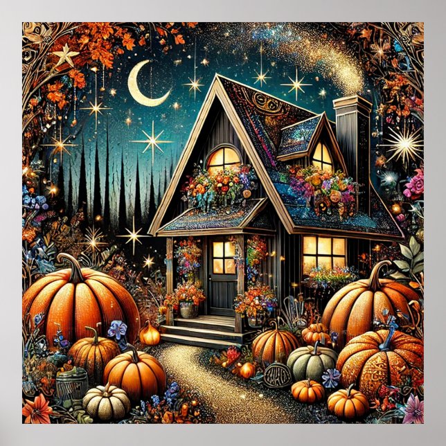 Cozy Cottage Festive Pumpkins Autumn Poster (Front)