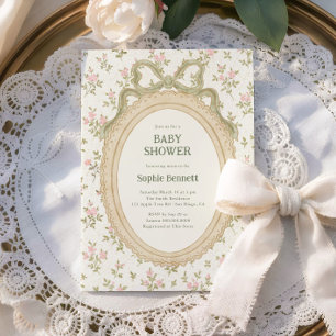 Cozy Cottage Green Bow Frame Baby Shower Invitation