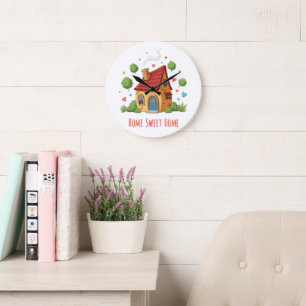  Cozy Cottage "Home Sweet Home" Cute Illustration Large Clock