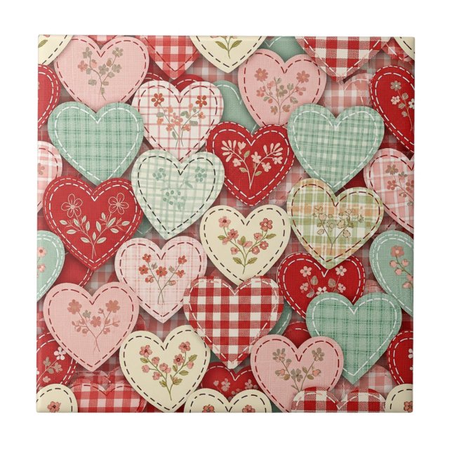 Cozy Cottage Patchwork Heart Plaid Design Tile (Front)