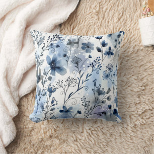 Cozy Cottagecore Blue Gray Floral Pattern Throw Pillow