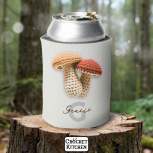 Cozy Cottagecore Crochet Mushroom Monogram Name Can Cooler