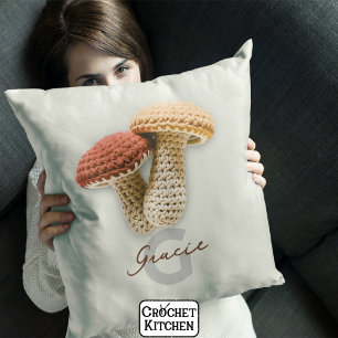 Cozy Cottagecore Crochet Mushroom Monogram Name  Throw Pillow
