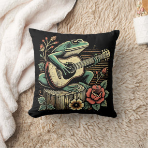 Cozy Cottagecore Frog with Guitar Throw Pillow