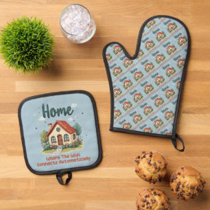 Cozy Cottagecore Home Whimsical House Art Oven Mitt & Pot Holder Set
