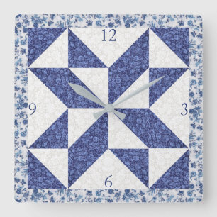 Cozy Country Blue White Calico Faux Quilt Square  Wall Clock