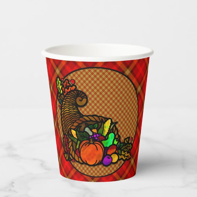 Cozy Country Cornucopia on Plaid Paper Cups (Front)