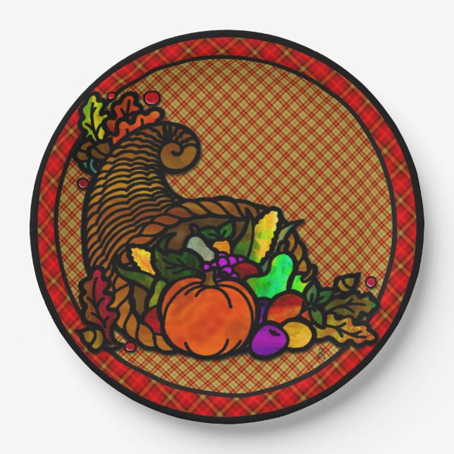 Cozy Country Cornucopia on Plaid Paper Plate (Front)