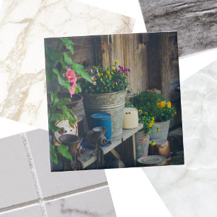Cozy country cottage porch adorned with flowers tile