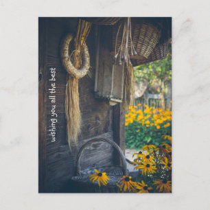 Cozy country cottage with yellow flowers holiday postcard