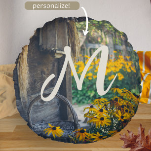 Cozy country cottage with yellow flowers round pillow