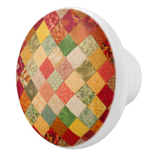 Cozy Country Fall Diamond Patchwork Quilt Ceramic Knob