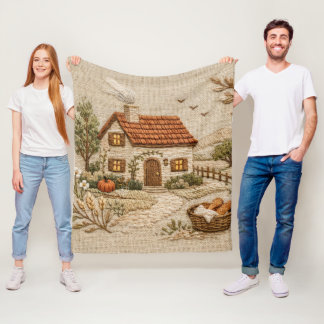 Cozy Countryside Cottage – Rustic Embroidery Style Fleece Blanket