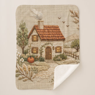 Cozy Countryside Cottage – Rustic Embroidery Style Sherpa Blanket