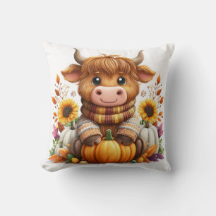 Cozy Cow with Pumpkin & Sunflowers Throw Pillow