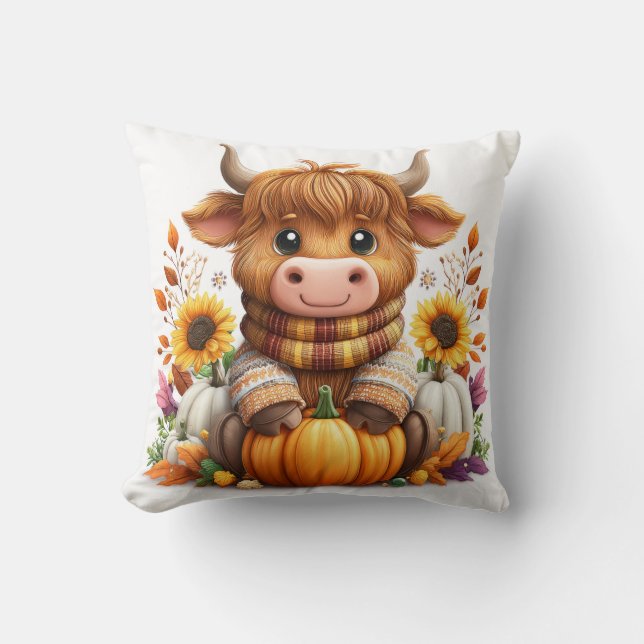 Cozy Cow with Pumpkin & Sunflowers Throw Pillow (Front)