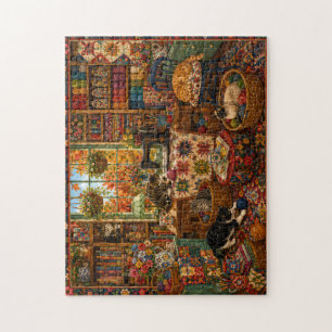 Cozy Craft Room Cats Watercolor Jigsaw Puzzle   Qu