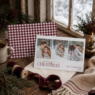 Cozy Cranberry Gingham Newlywed Christmas Photo Holiday Card