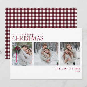 Cozy Cranberry Gingham Newlywed Christmas Photo Holiday Card