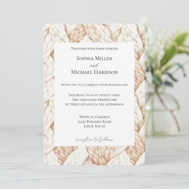 Cozy Cream Beige Weaves Wedding Invitation (Standing Front)