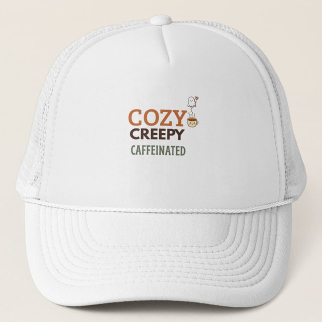 Cozy Creepy & Caffeinated Halloween Coffee Fall  Trucker Hat (Front)
