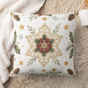 Cozy Crochet Snowflake Holly Scandinavian Christma Throw Pillow
