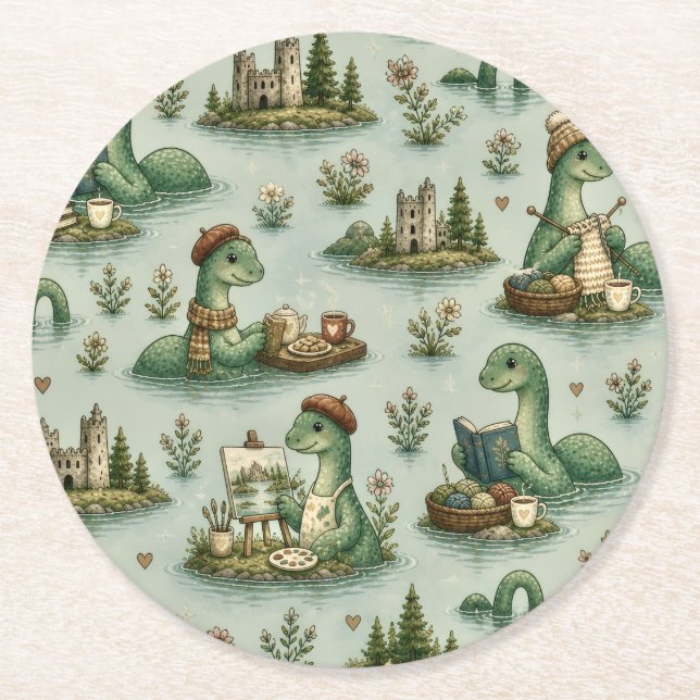 Cozy Cryptids Nessie Loch Ness Monster hobbies  Round Paper Coaster (Front)
