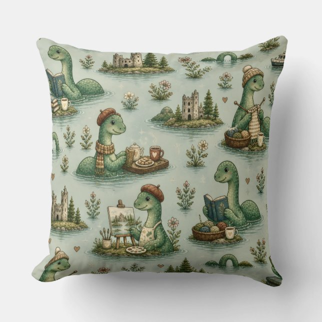 Cozy Cryptids Nessie Loch Ness Monster hobbies  Throw Pillow (Front)