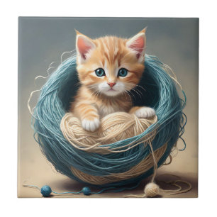 "Cozy Cuddles: The Kitten's Wooly Retreat" Tile