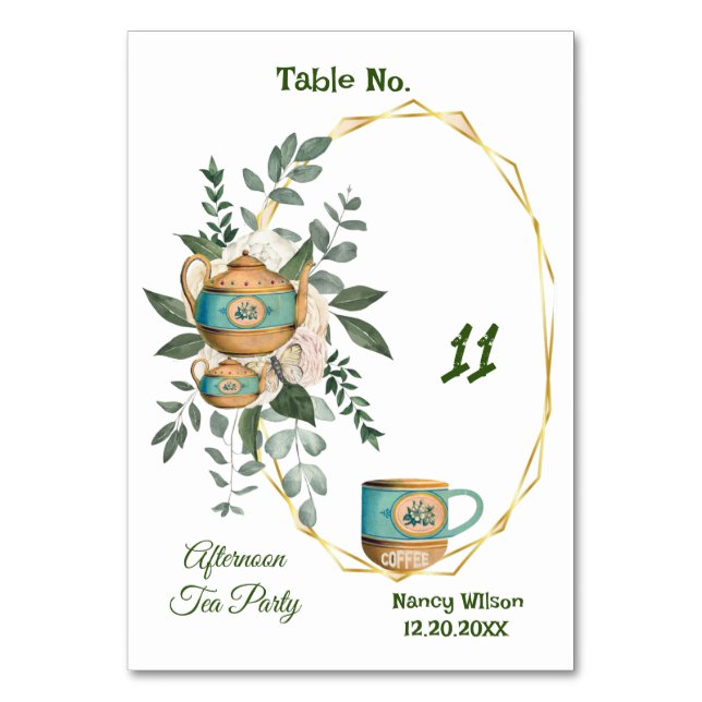 Cozy Cup Teapot Greenery Afternoon High Tea Party Table Number (Front)