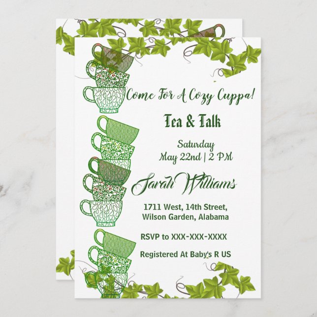 Cozy Cuppa Green Tea Cups Afternoon Tea Party Invitation (Front/Back)