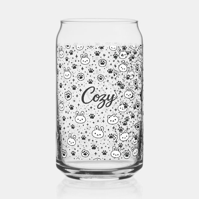 Cozy Cute Bunny and Cat Paw Pattern Can Glass (Front)