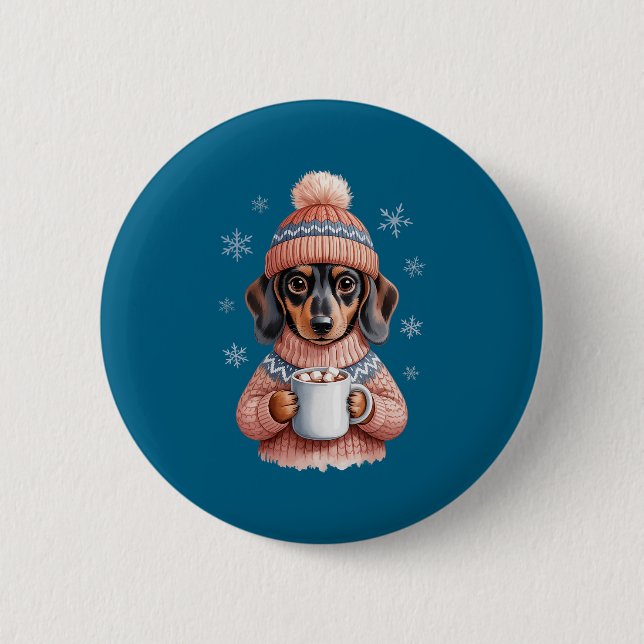 Cozy Dachshund Dog With Hot Cocoa Holiday Winter S 2 Inch Round Button (Front)