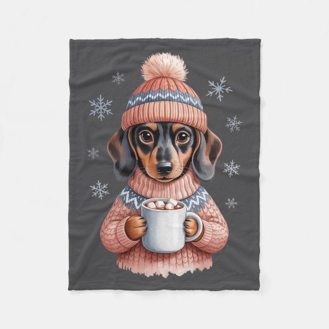 Cozy Dachshund Dog With Hot Cocoa Holiday Winter S Fleece Blanket (Front)