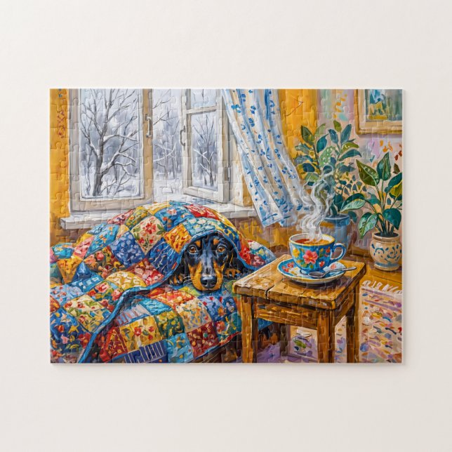 Cozy Dachshund Resting on Patchwork Winter Blanket Jigsaw Puzzle (Horizontal)