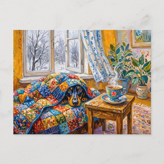 Cozy Dachshund Resting on Patchwork Winter Blanket Postcard (Front)