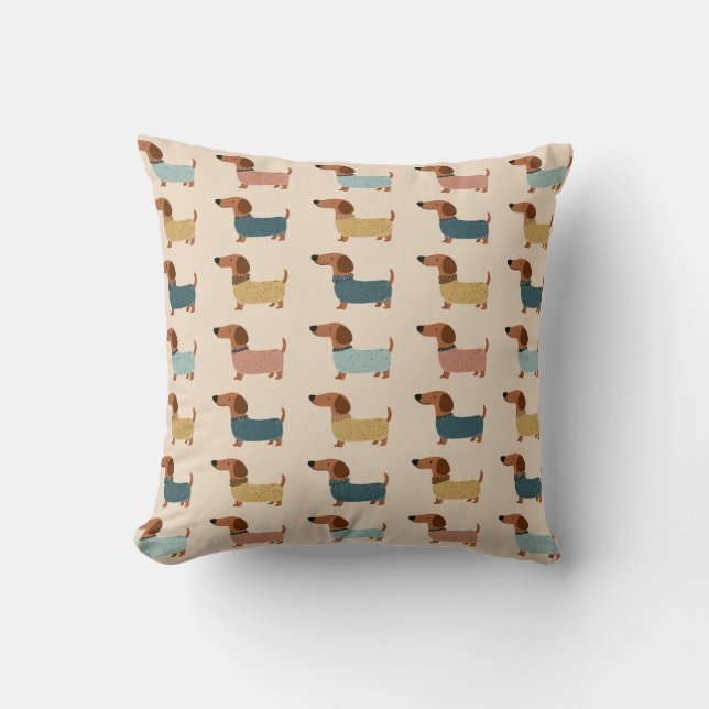 Cozy Dachshund Sweater Pattern Throw Pillow (Front)