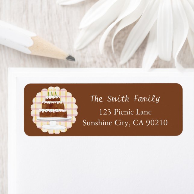 Cozy Dark Cocoa Brown Plaid Cake Return Address  (Insitu)