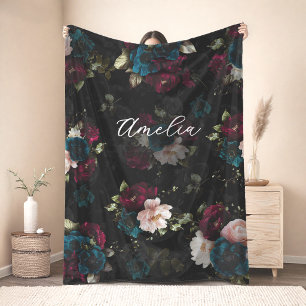 Cozy Dark Turquoise Red Floral Bloom Art Fleece Blanket