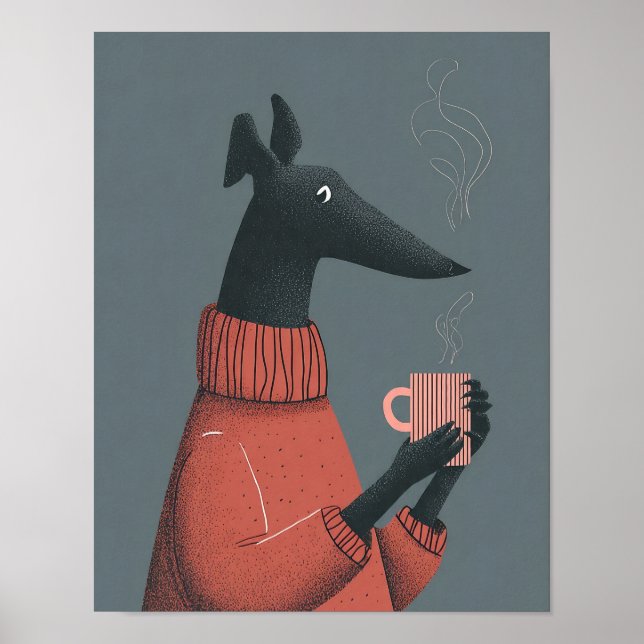 Cozy Dog Poster – Stylized Greyhound with Mug (Front)