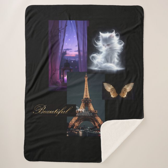 Cozy Eclectic Blanket – Eiffel Tower, Furry Cat &  (Front)