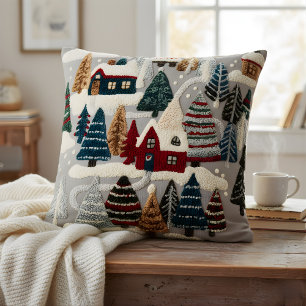 Cozy Embroidered Winter Village Pillow