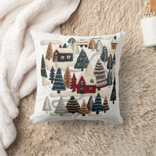 Cozy Embroidered Winter Village Pillow
