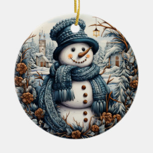 Cozy Embroidery Snowman Christmas – Holiday  Ceramic Ornament