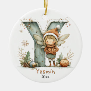 Cozy Fairy Christmas Initial Personalized Holiday  Ceramic Ornament